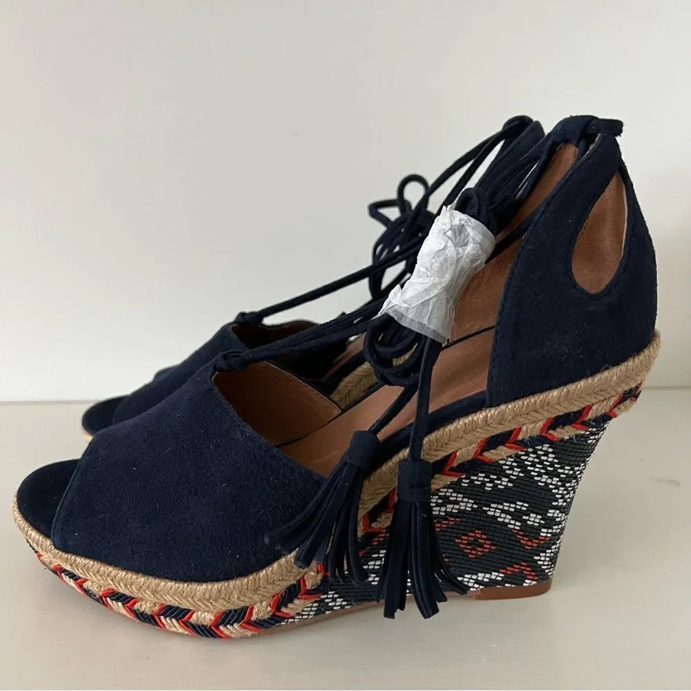 Cabi Isla NWOT wedge blue suede ankle tie up strap espadrilles sandals size 6